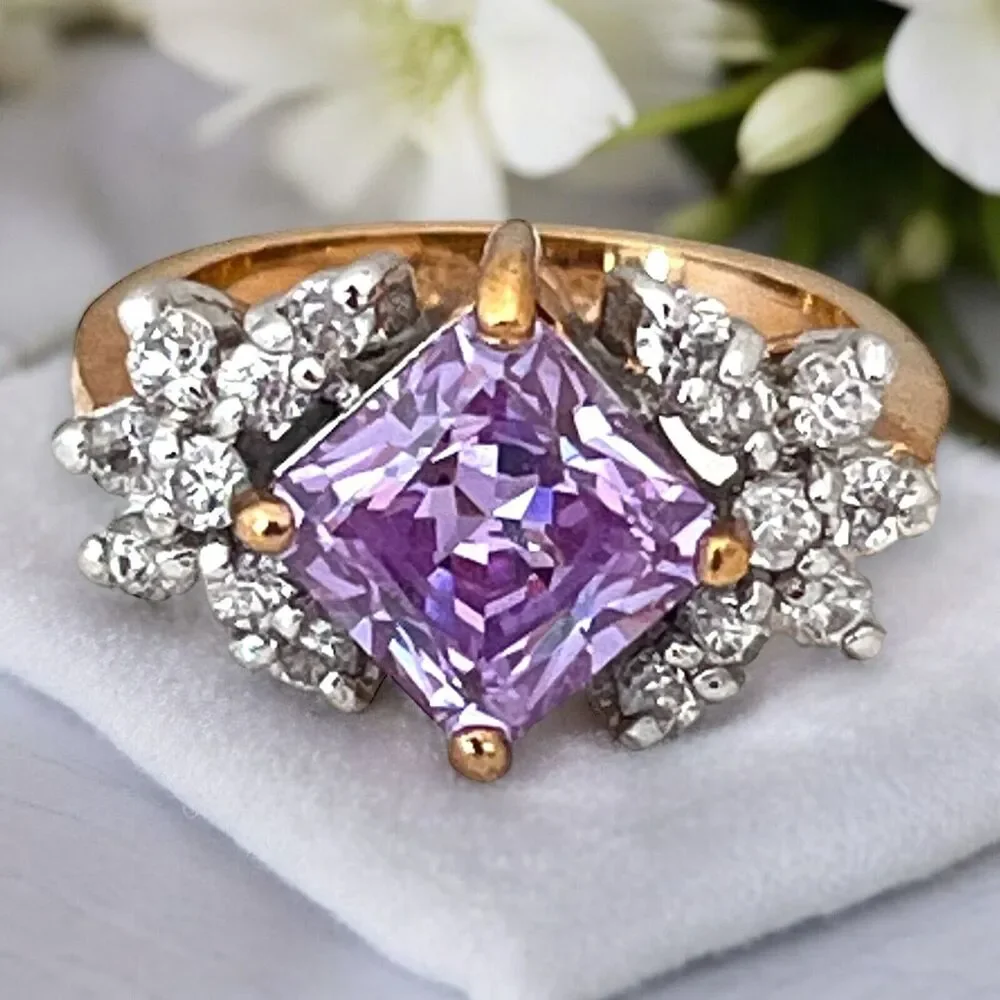 Vintage 1980s Lavender CZ Ring Size 8 Princess Cut 14KTGE Gold Plate - 14F